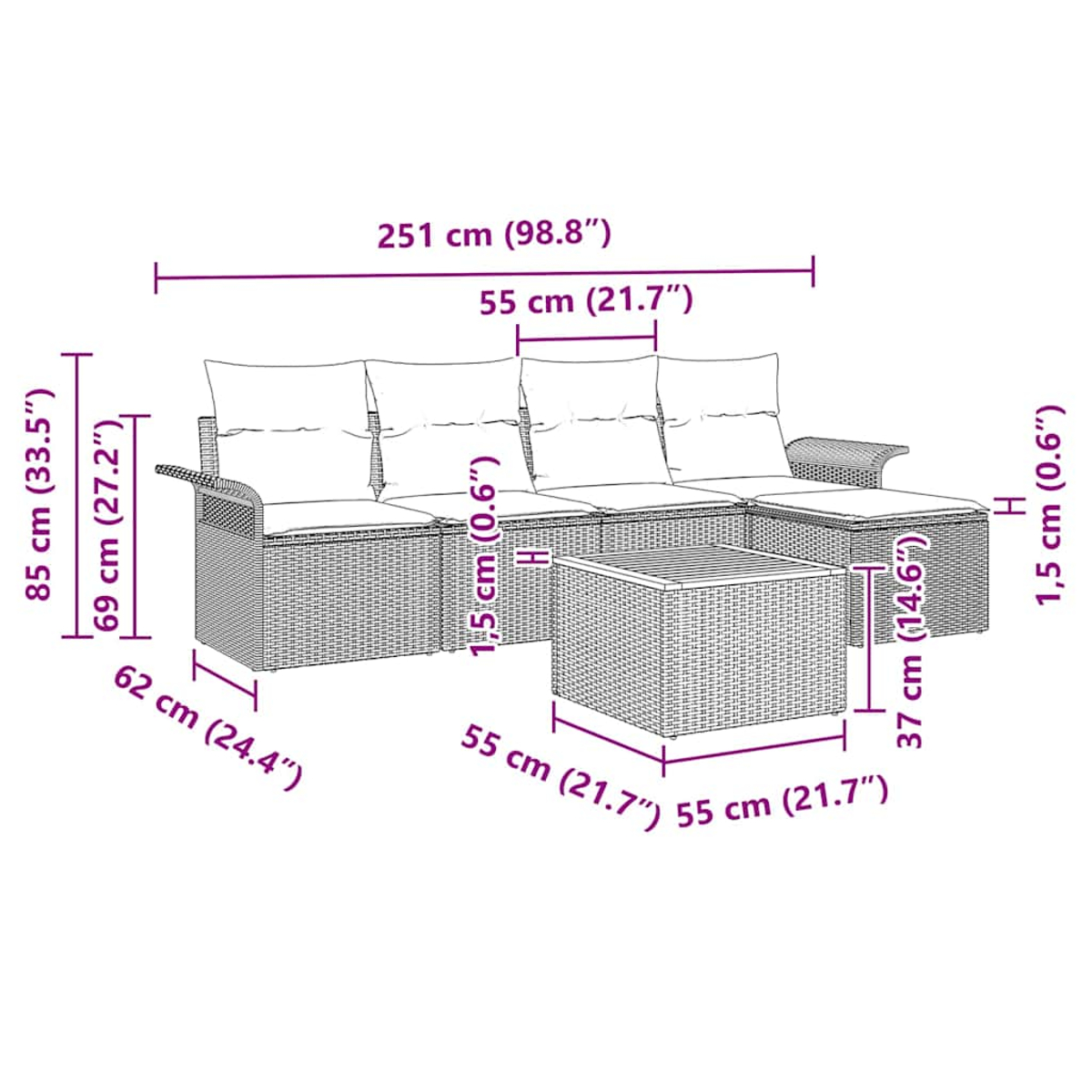 Diagramm eines Korbmöbelsofas und -tisches mit Abmessungen in Zentimetern und Zoll.