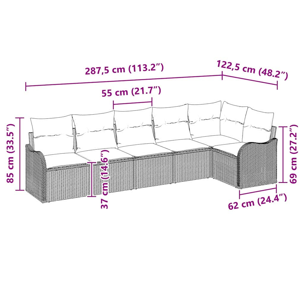 Diagramm eines Korbmöbelsofas mit Abmessungen in Zentimetern und Zoll.