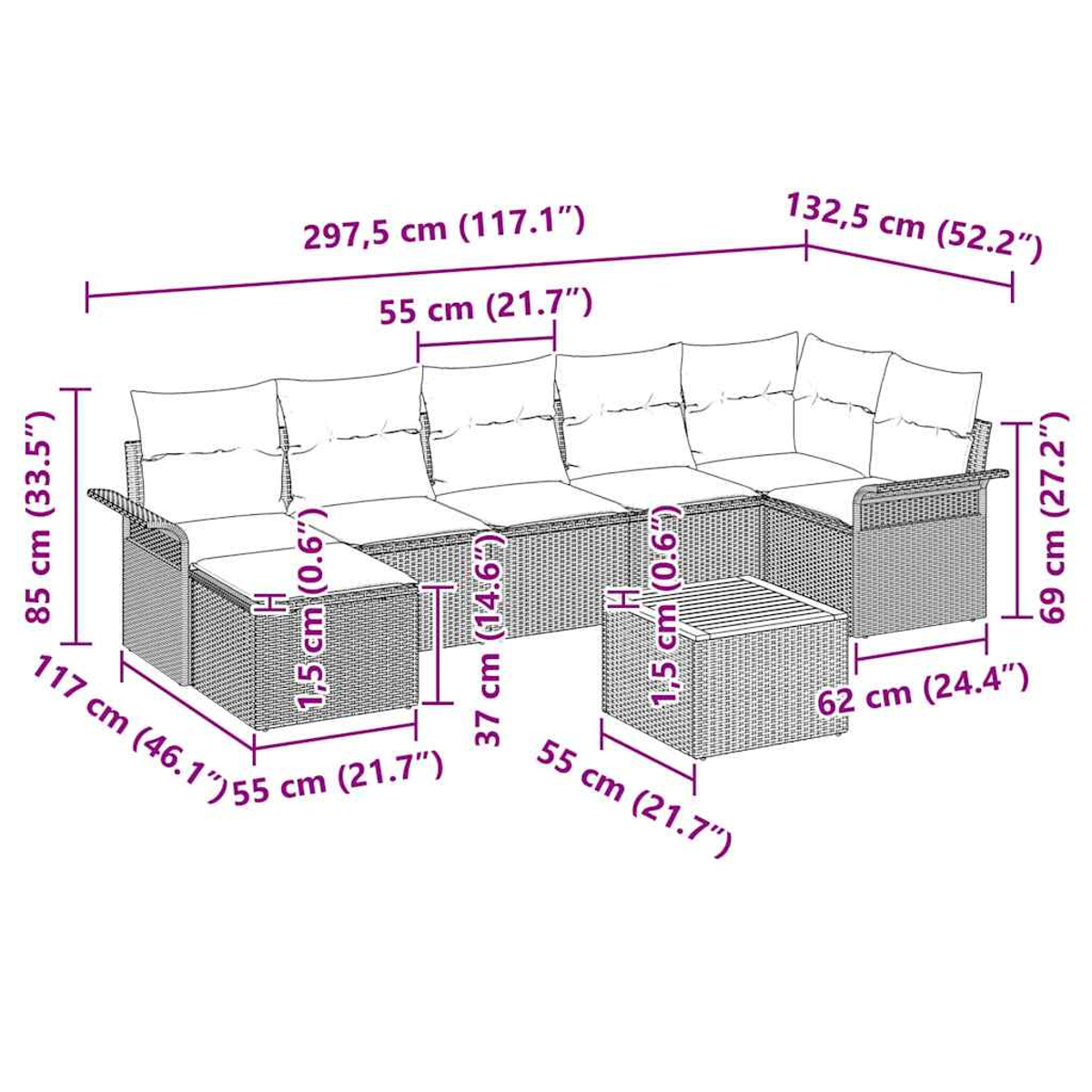 Diagramm eines Korbmöbelsofas und -tisches mit Abmessungen in Zentimetern und Zoll.