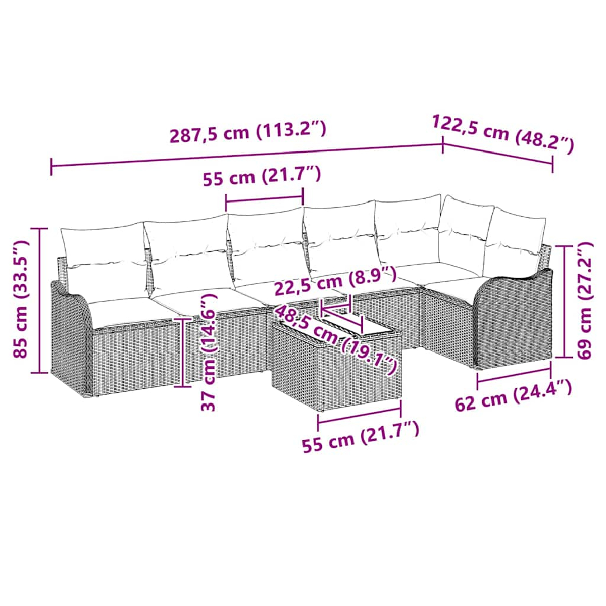 Diagramm eines Korbmöbelsofas und -tisches mit Abmessungen in Zentimetern und Zoll.