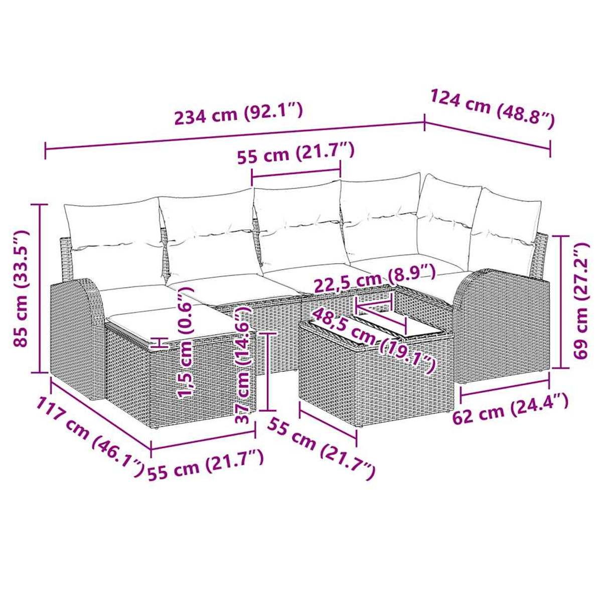 Diagramm eines Korbmöbelsofas und -tisches mit Abmessungen in Zentimetern und Zoll.