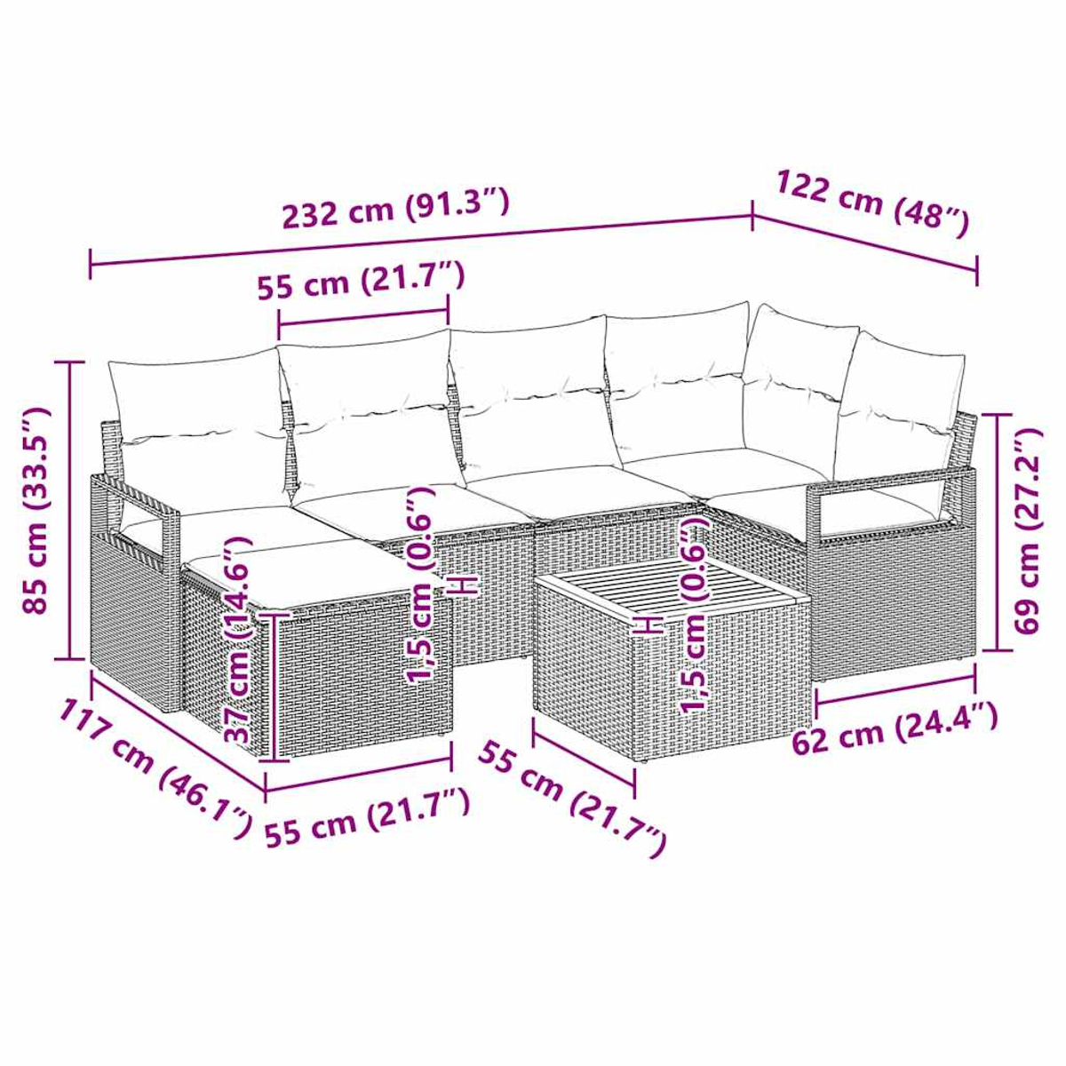 Diagramm eines Korbmöbelsofas und -tisches mit Abmessungen in Zentimetern und Zoll.
