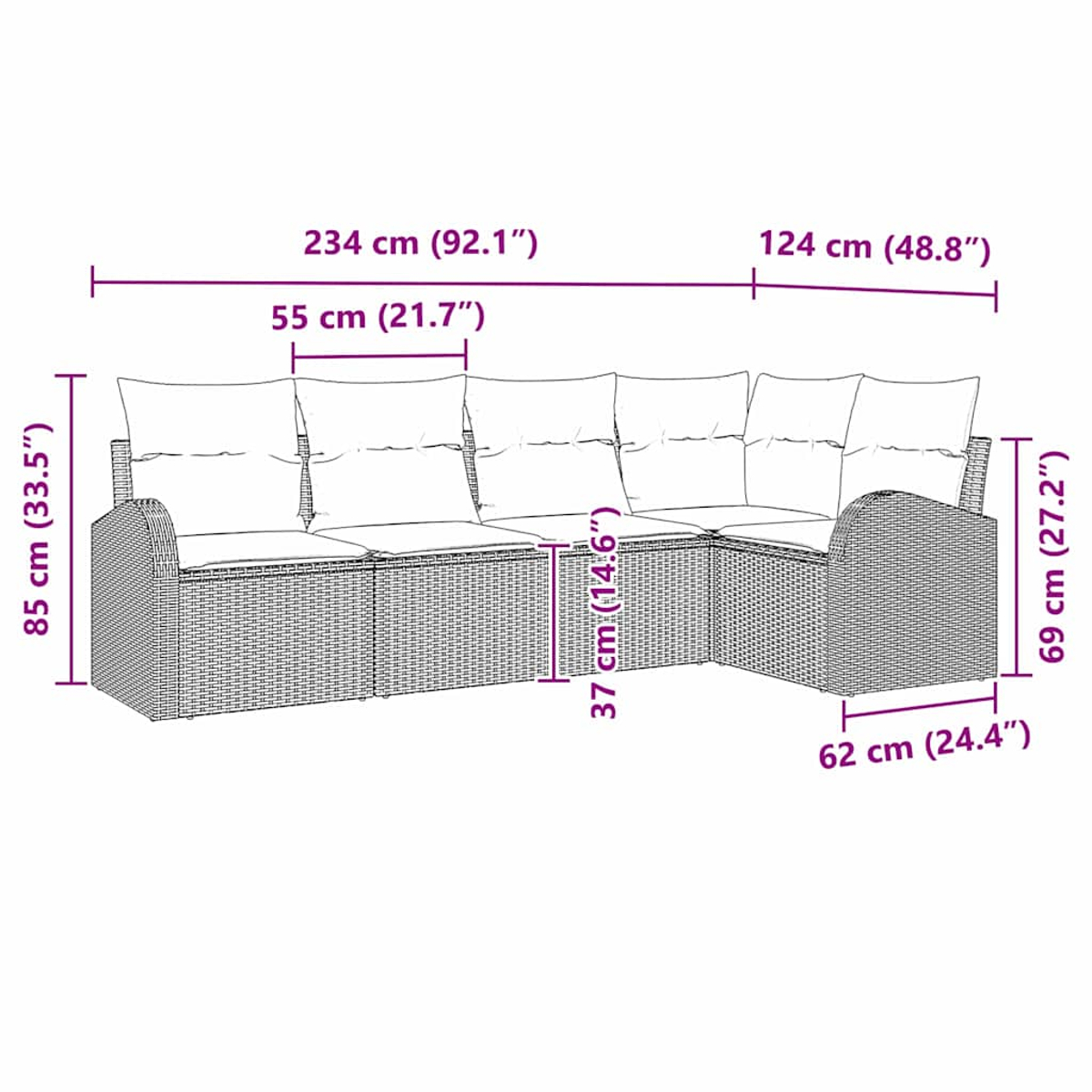 Diagramm eines Korbmöbelsofas mit Abmessungen in Zentimetern und Zoll.