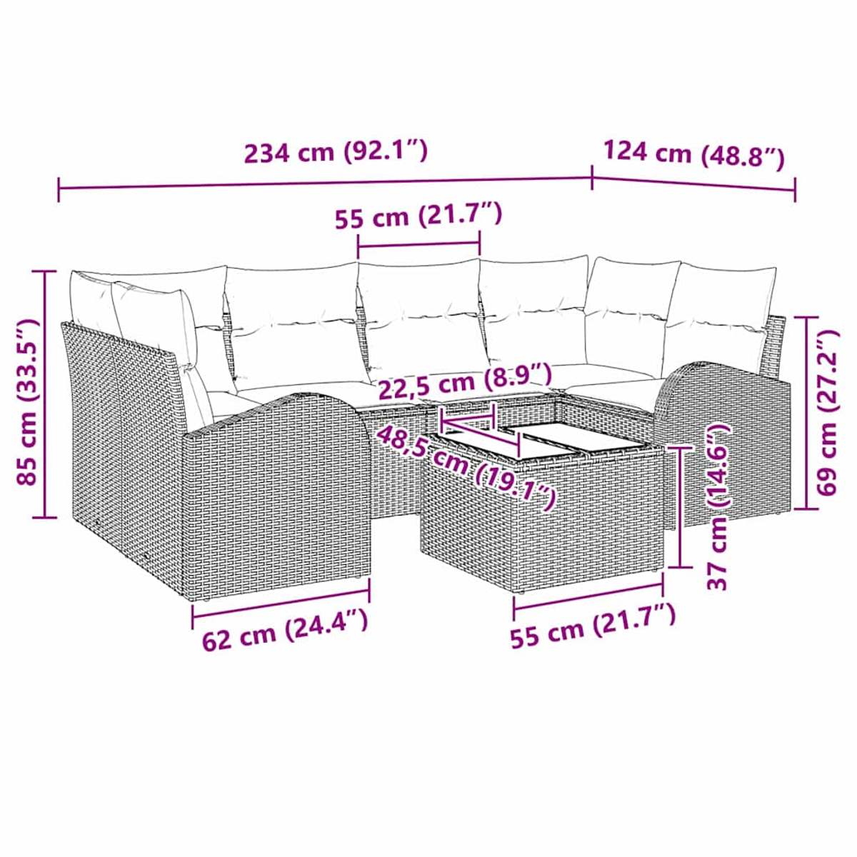Ein Terrassensofa-Set mit Tisch und beschrifteten Abmessungen. Inklusive Kissen auf den Sitzen.