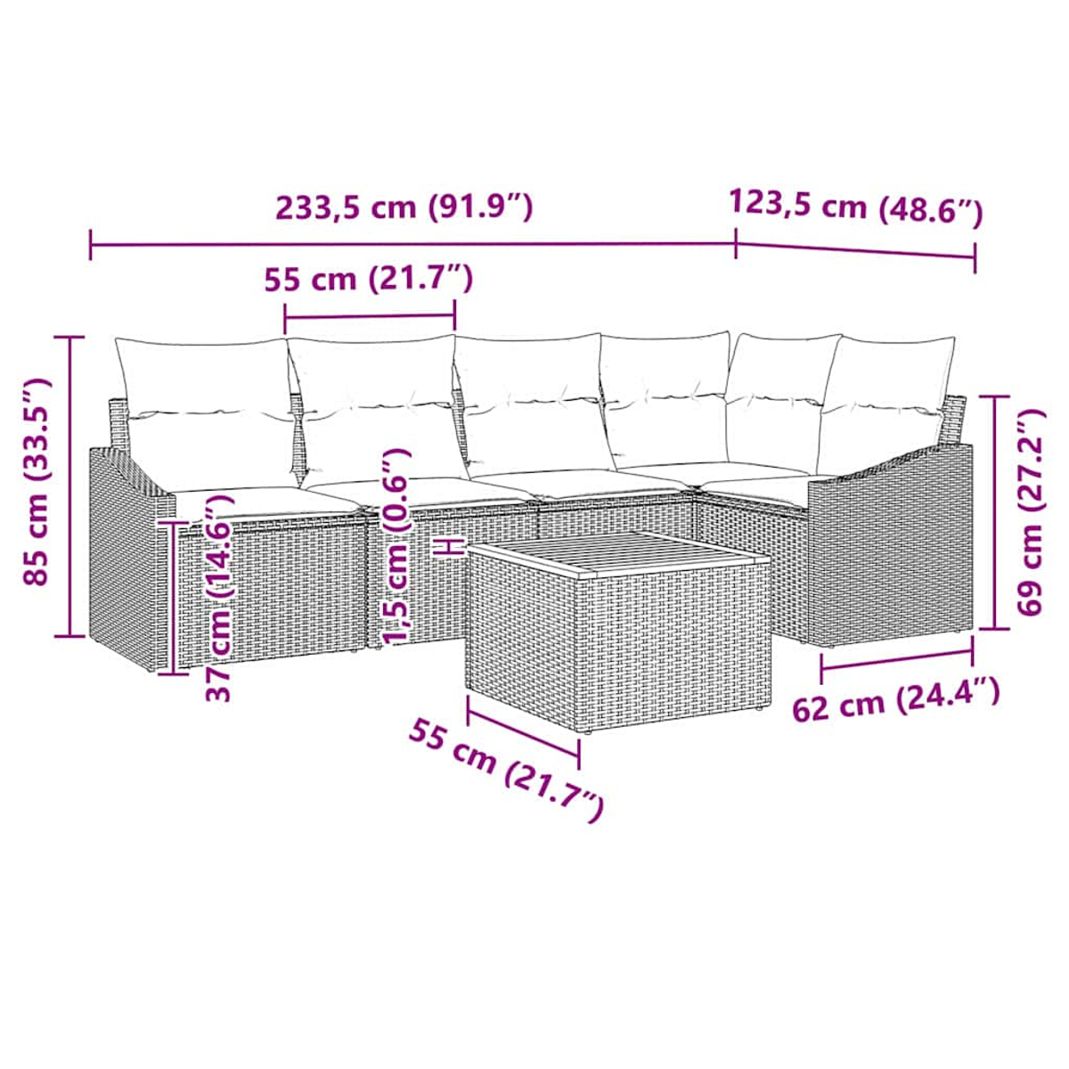 Ein Terrassensofa-Set mit beschrifteten Abmessungen. Es beinhaltet einen Tisch und Kissen.