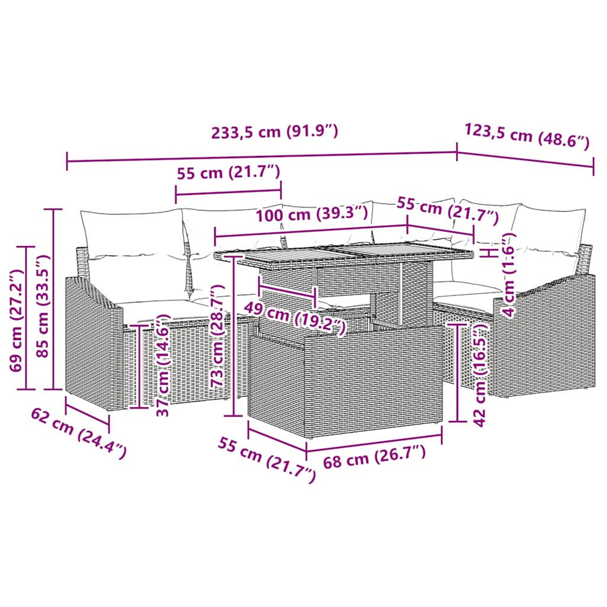 Terrassenmöbel-Set mit Tisch. Abmessungen sind auf dem Bild markiert, einschließlich Tischhöhe.