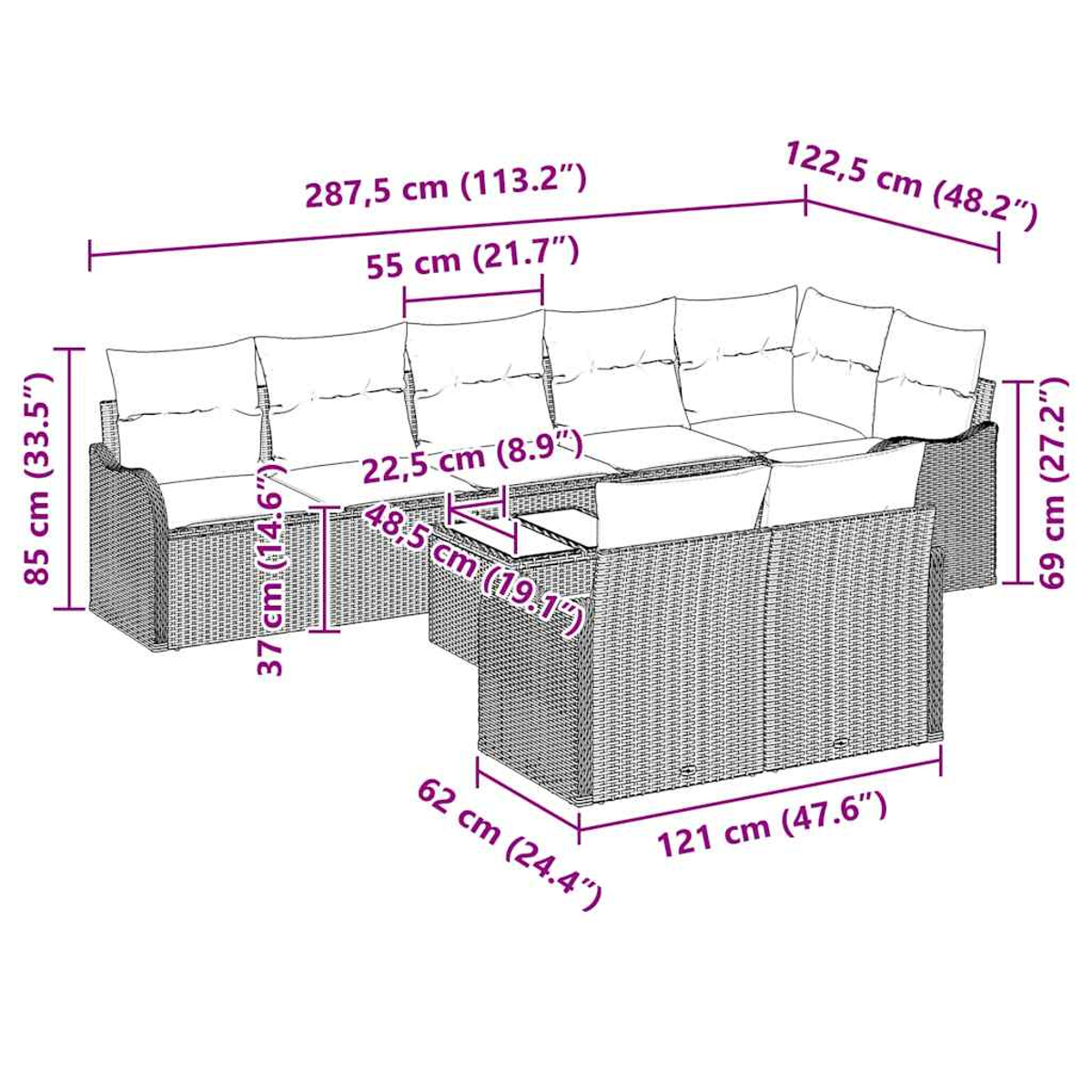 Ein Terrassensofa-Set mit beschrifteten Abmessungen. Inklusive Tisch und Kissen auf den Sitzen.