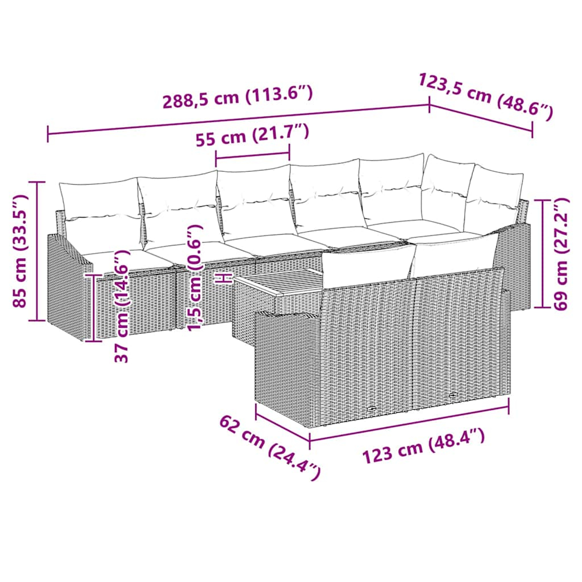 Ein Terrassensofa-Set mit beschrifteten Abmessungen. Es beinhaltet einen Tisch und Kissen.