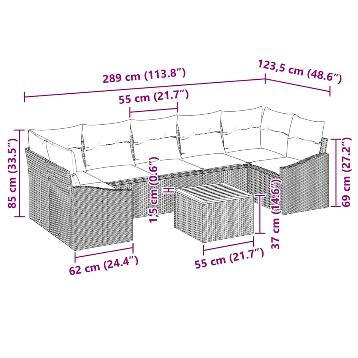 Ein Terrassensofa-Set mit beschrifteten Abmessungen. Es hat einen Tisch und Kissen auf den Sitzen.