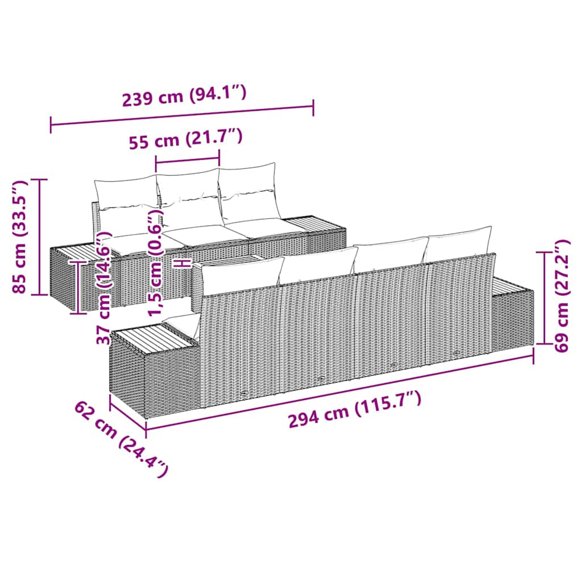 Diagramm eines Korbmöbelsofasets mit Abmessungen in Zentimetern und Zoll.