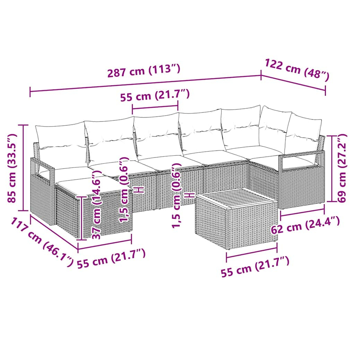 Ein großes Terrassensofa-Set mit beschrifteten Abmessungen. Es hat einen Tisch und Kissen.