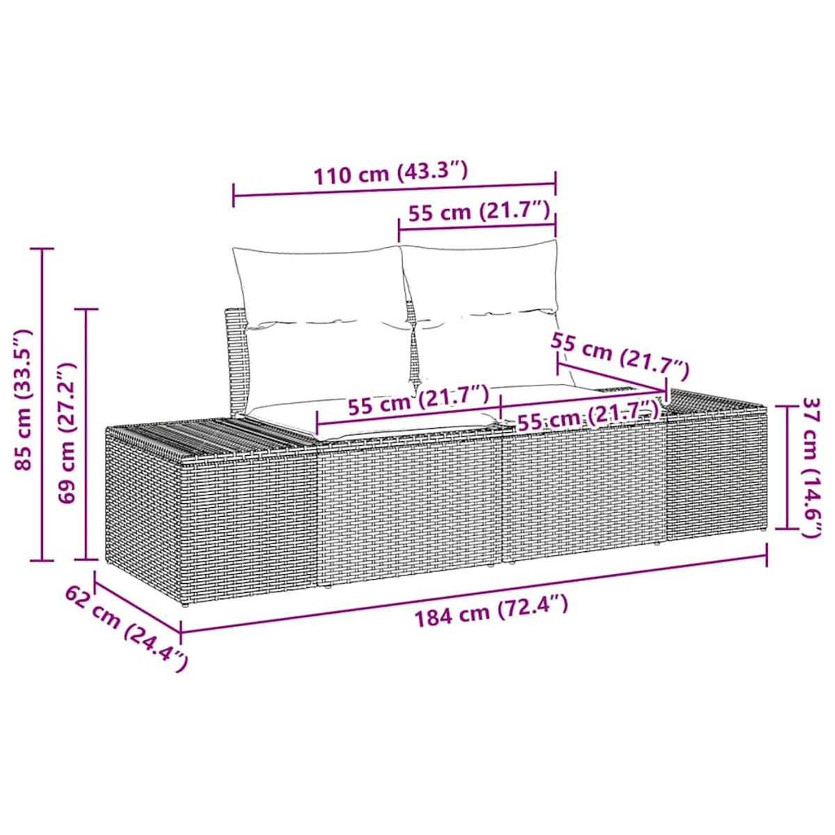 Ein Zwei-Personen-Terrassensofa mit Kissen. Die Abmessungen sind auf dem Bild markiert.