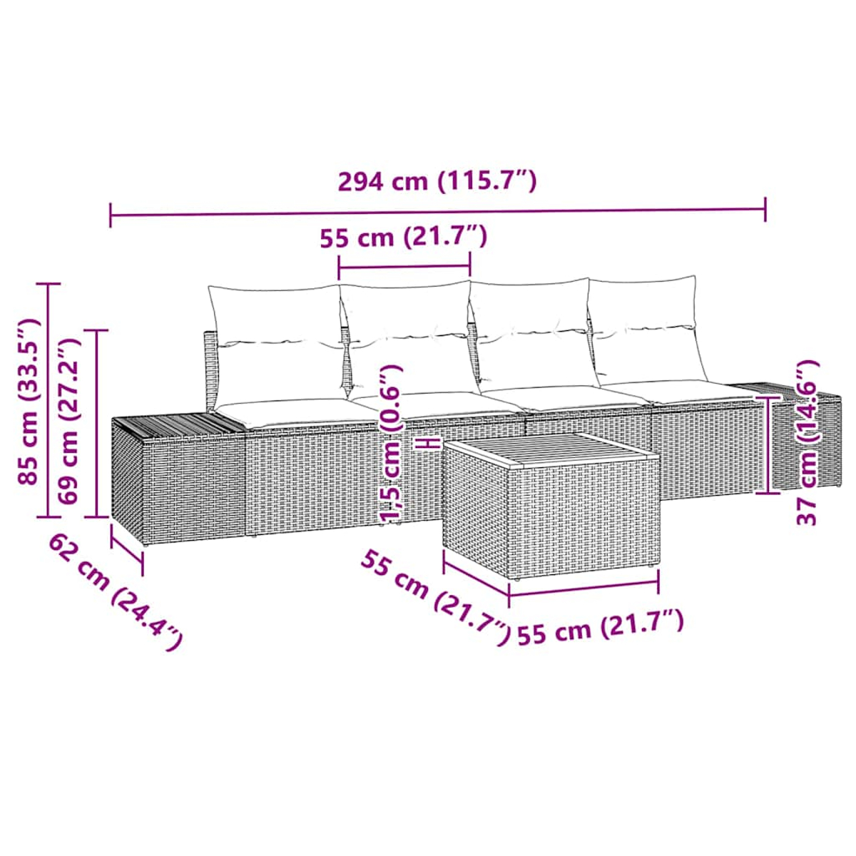 Ein Terrassensofa-Set mit Tisch und beschrifteten Abmessungen. Inklusive Kissen.