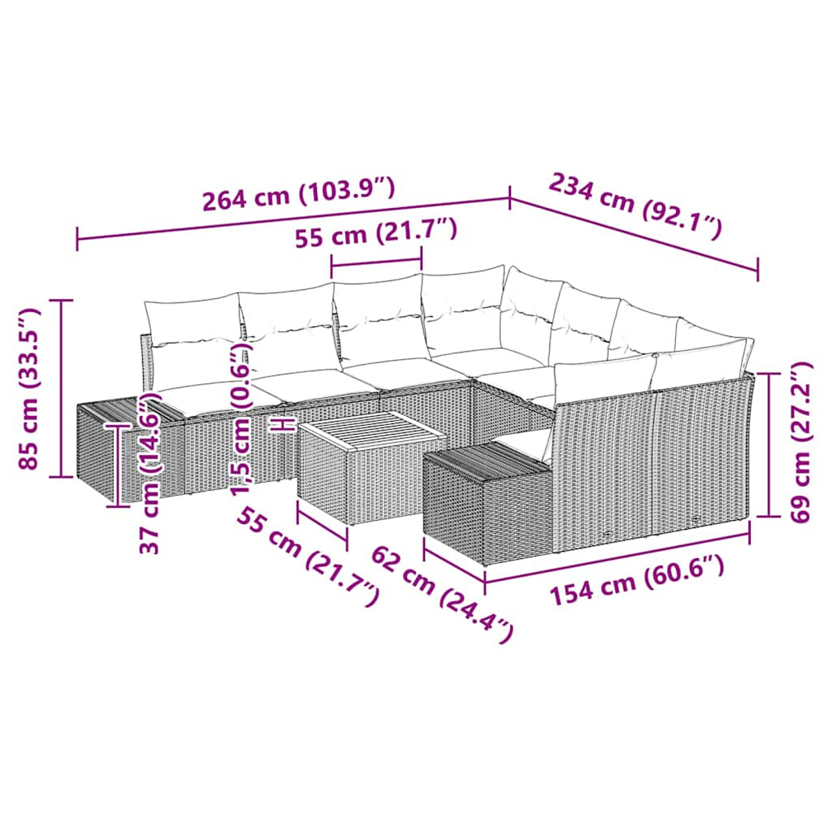 Ein großes Terrassensofa-Set mit beschrifteten Abmessungen. Es hat einen Tisch und Kissen.