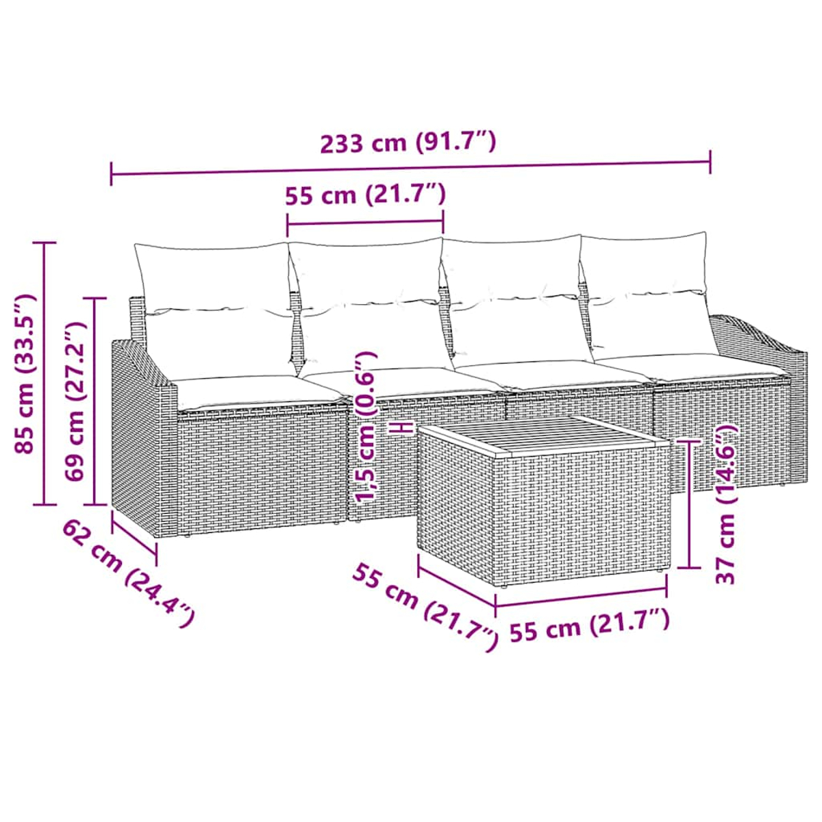 Ein Terrassensofa-Set mit Tisch und beschrifteten Abmessungen. Inklusive Kissen auf den Sitzen.