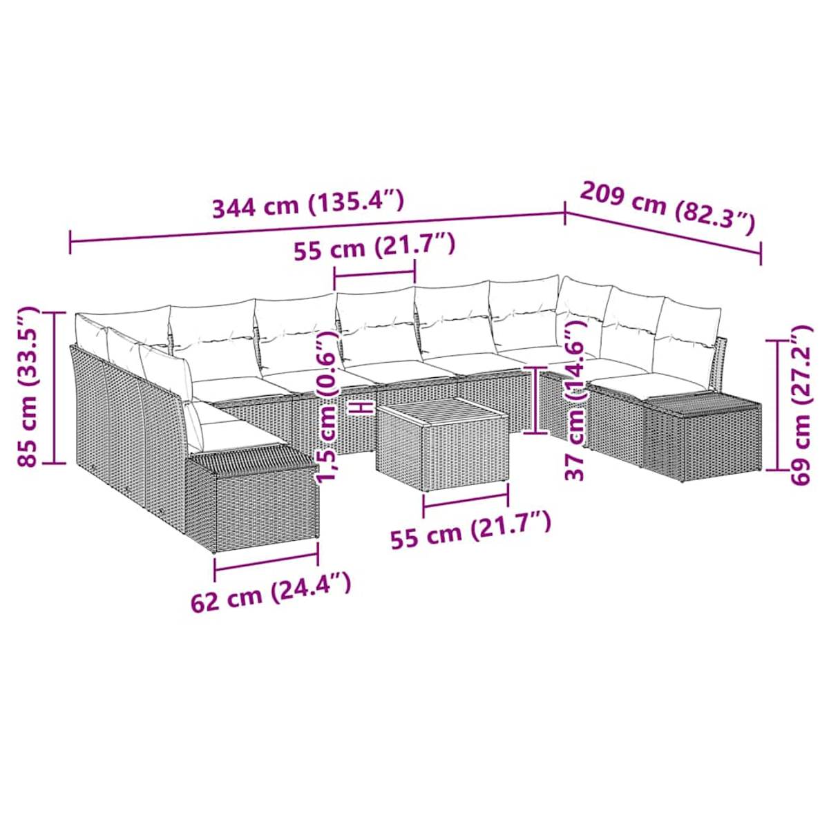Geflochtenes Ecksofa mit Kissen und einem quadratischen Tisch. Maße sind angegeben.