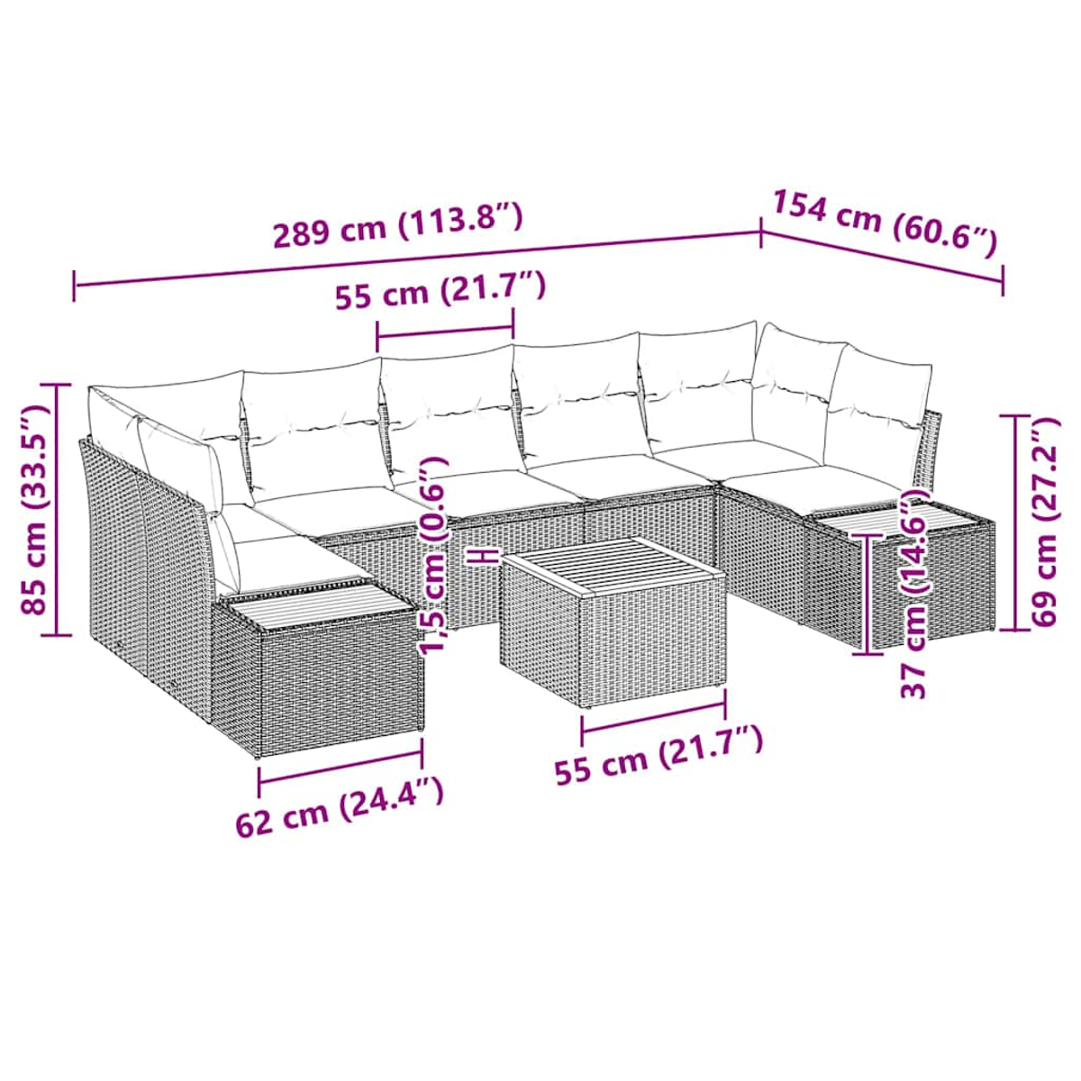 Ein geflochtenes Ecksofa mit Kissen und einem quadratischen Tisch. Maße sind angegeben.