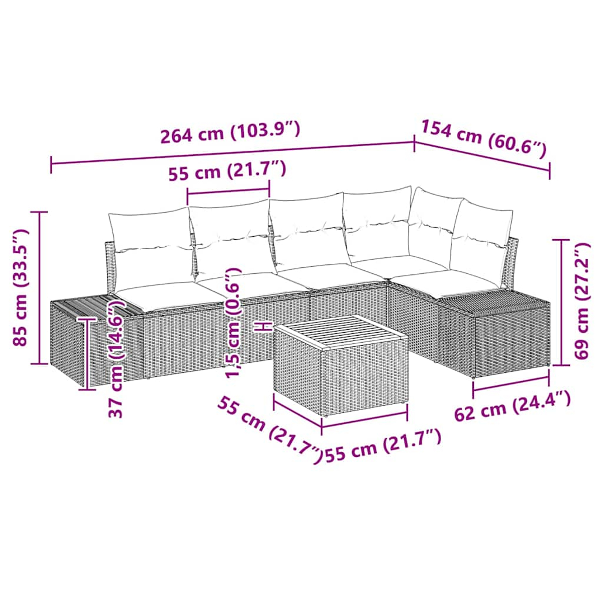 Geflochtenes Ecksofa mit Kissen und einem quadratischen Tisch. Maße sind angegeben.