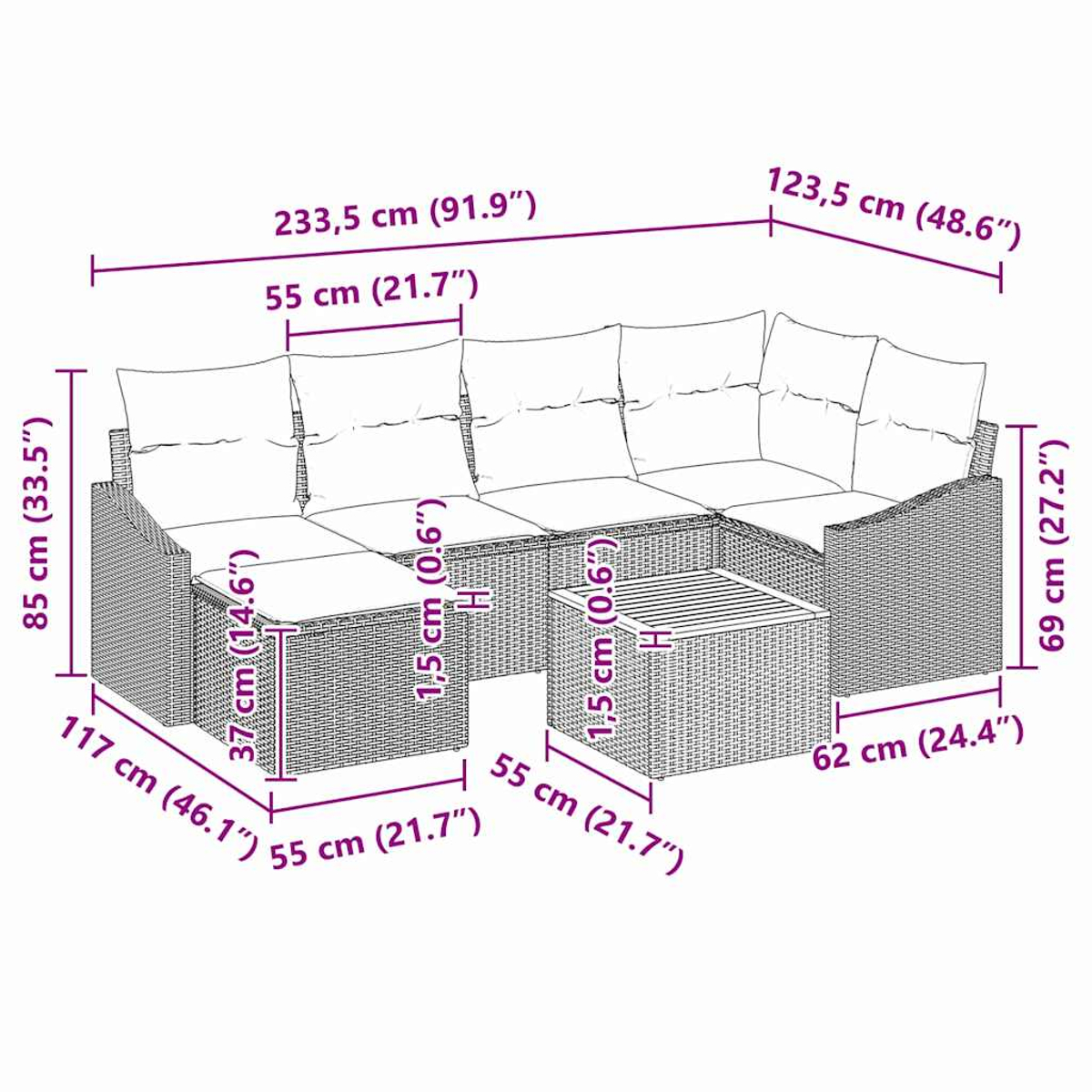 Geflochtenes Ecksofa mit Kissen und einem quadratischen Tisch. Maße sind angegeben.