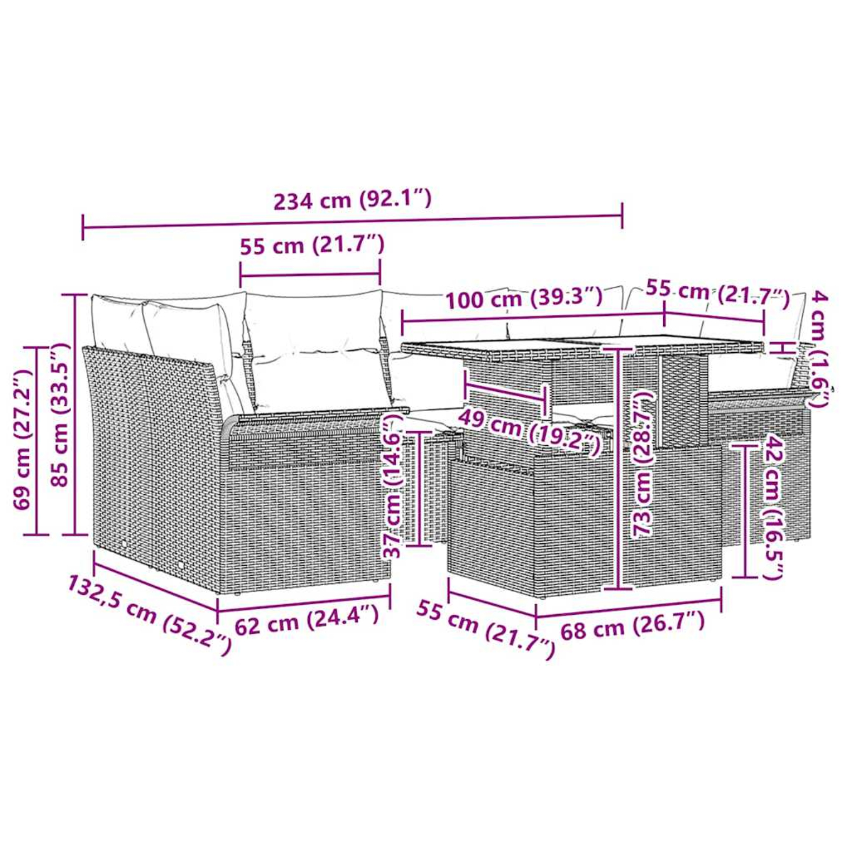Ecksofa, quadratischer Tisch und Stuhl mit Maßangaben in cm.