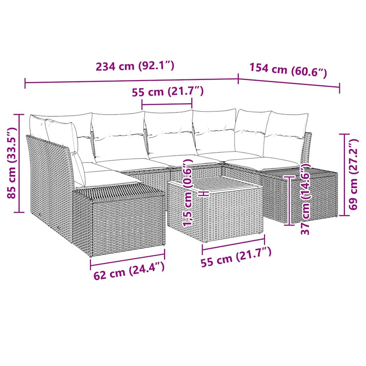 Ecksofa und quadratischer Tisch mit Maßangaben in Zentimetern.