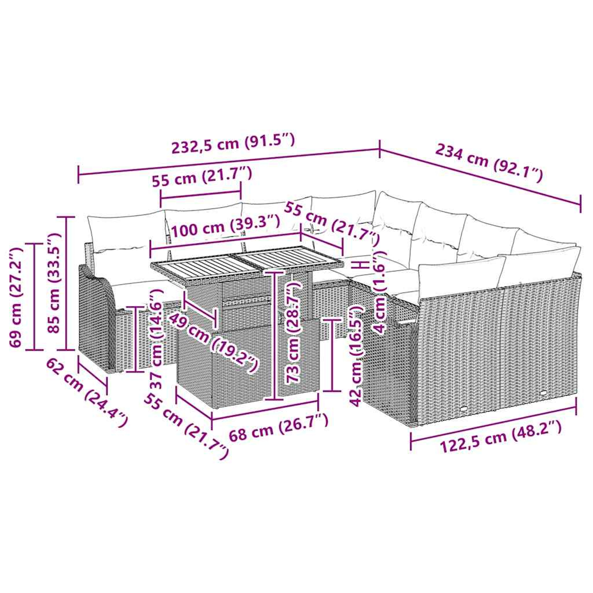 Ein Outdoor-Möbelset mit Abmessungen. Ein gewebtes Sofa, Tisch und Hocker sind mit Größenangaben dargestellt.