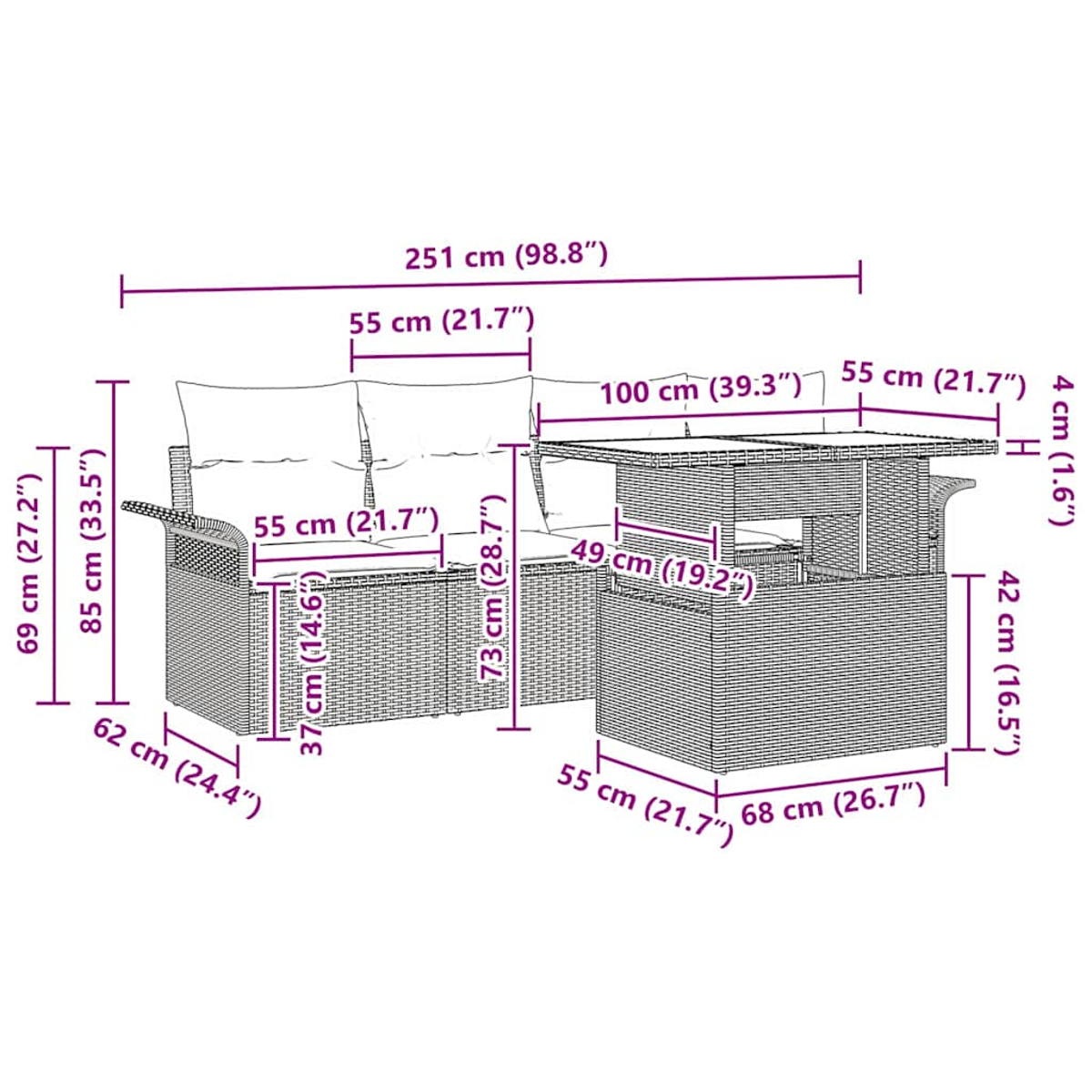 Ecksofa, quadratischer Tisch und Stuhl mit Maßangaben in cm.