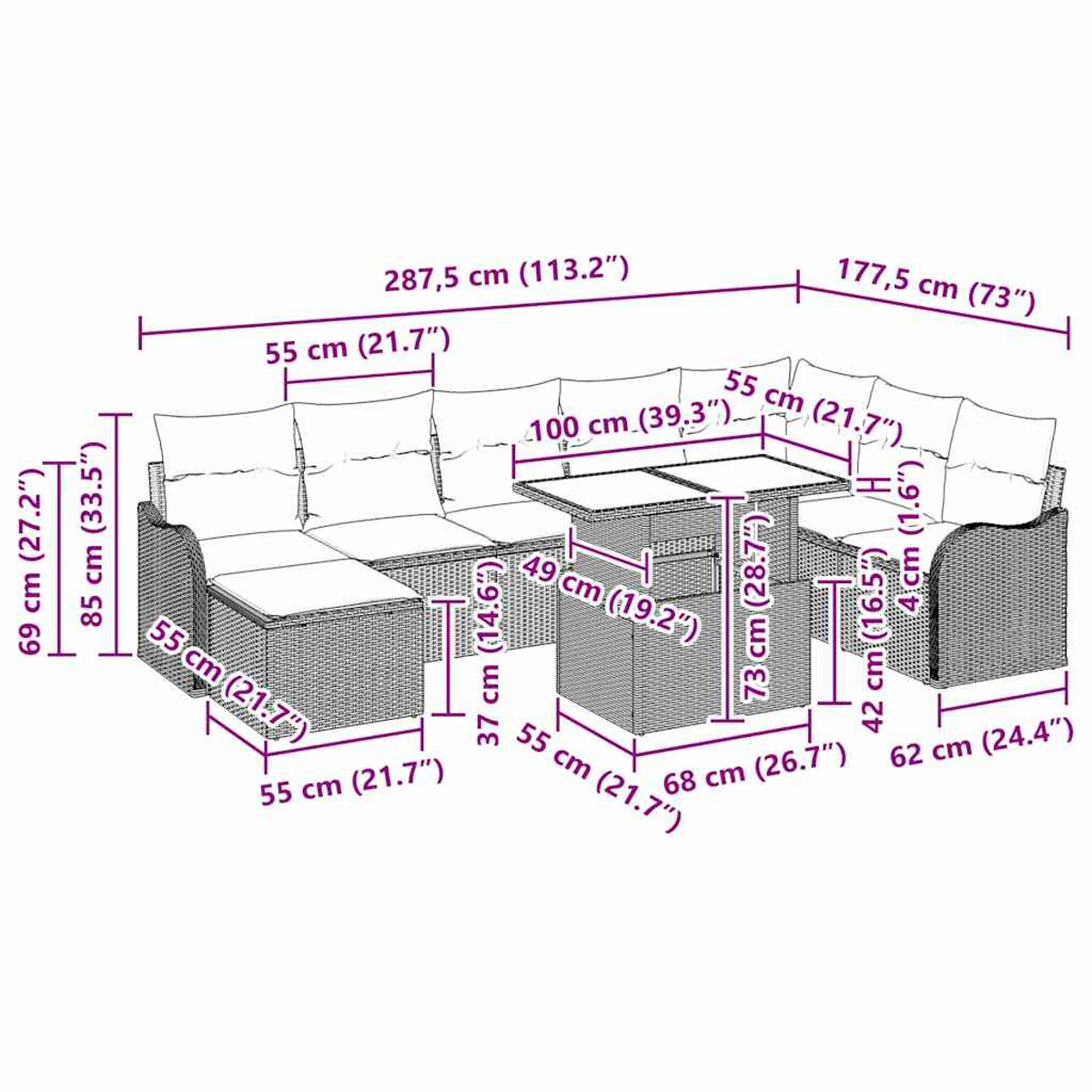Ein Outdoor-Möbelset mit Abmessungen. Ein gewebtes Sofa, Tisch und Hocker sind mit Größenangaben dargestellt.