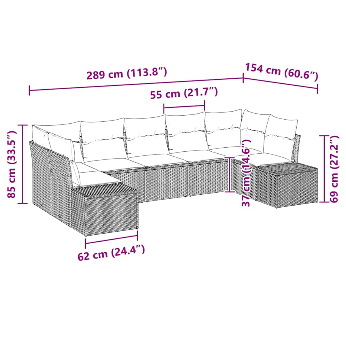 Ecksofa mit Maßangaben in Zentimetern.