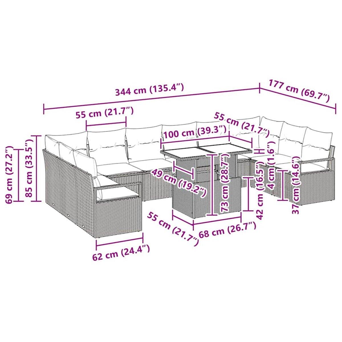Ein Outdoor-Möbelset mit Abmessungen. Ein gewebtes Sofa, Tisch und Hocker sind mit Größenangaben dargestellt.