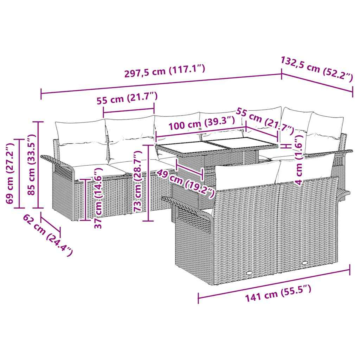 Ecksofa, quadratischer Tisch und Stuhl mit Maßangaben in cm.