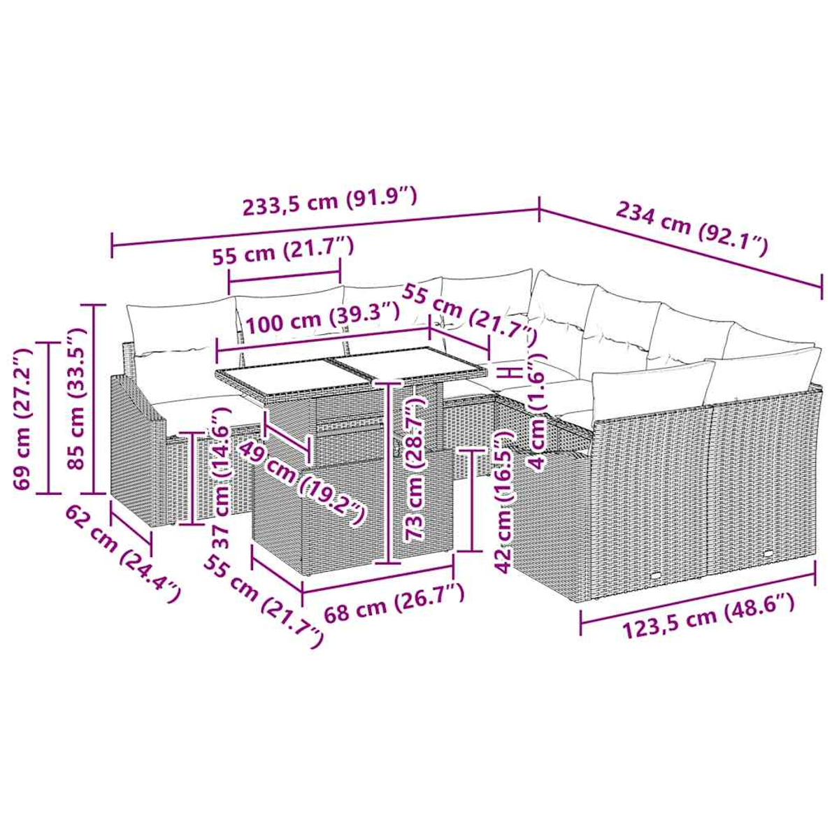 Ein Outdoor-Möbelset mit Abmessungen. Ein gewebtes Sofa, Tisch und Hocker sind mit Größenangaben dargestellt.