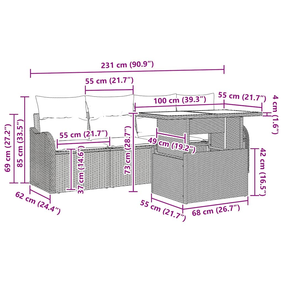 Ecksofa, quadratischer Tisch und Stuhl mit Maßangaben in cm.