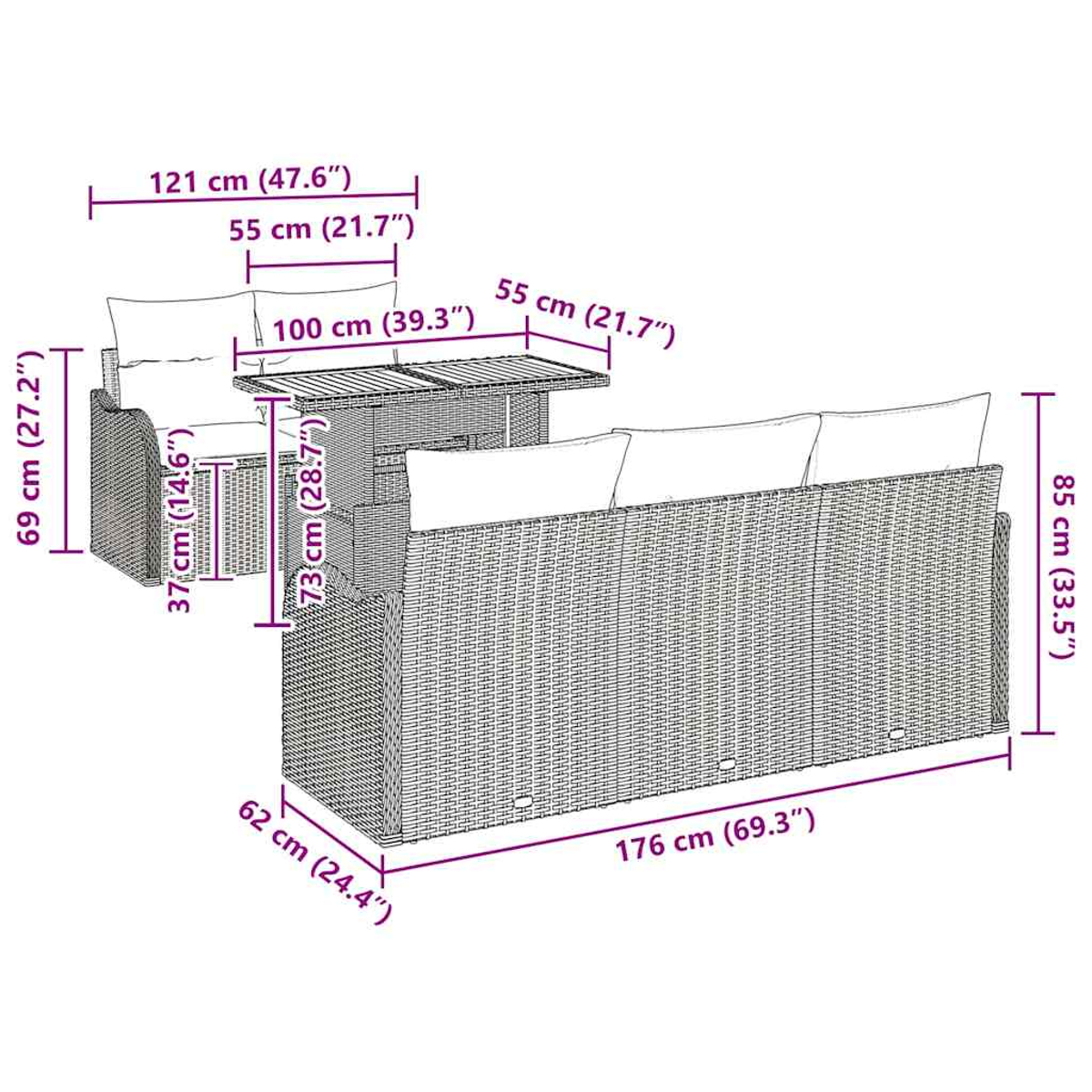 Sofa, quadratischer Tisch und Stuhl mit Maßangaben in cm.