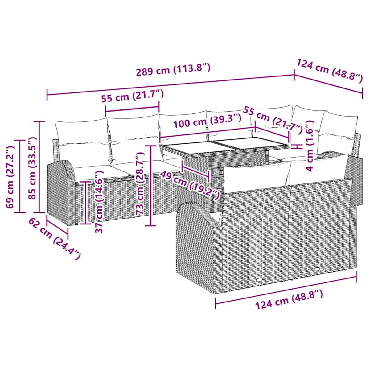 Ecksofa, quadratischer Tisch und zwei Stühle mit Maßangaben in cm.