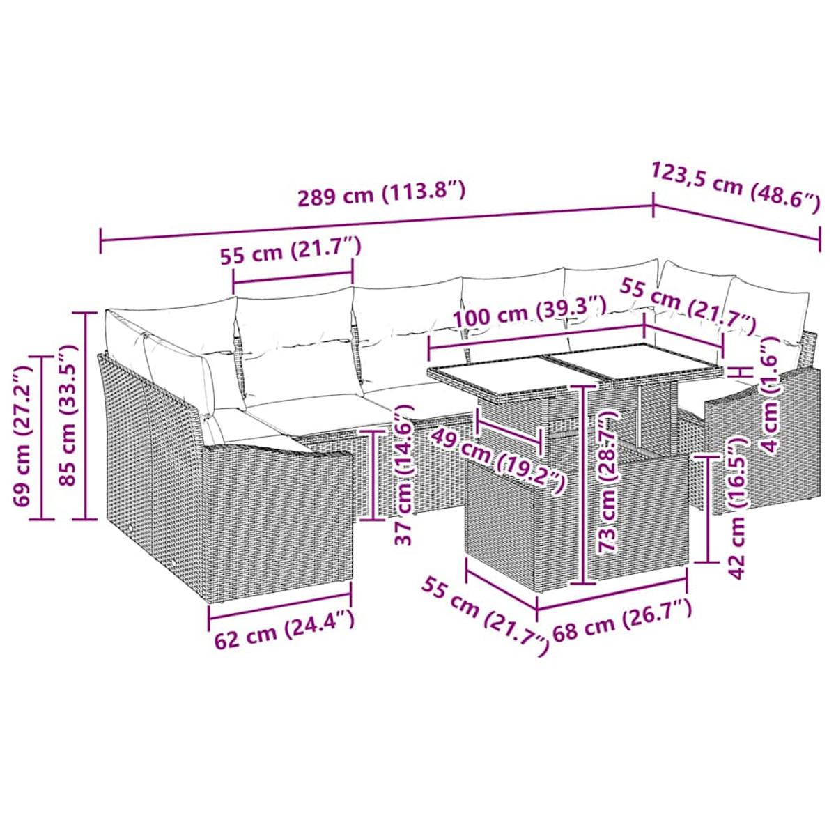 Ein Outdoor-Möbelset mit Abmessungen. Ein gewebtes Sofa, Tisch und Hocker sind mit Größenangaben dargestellt.