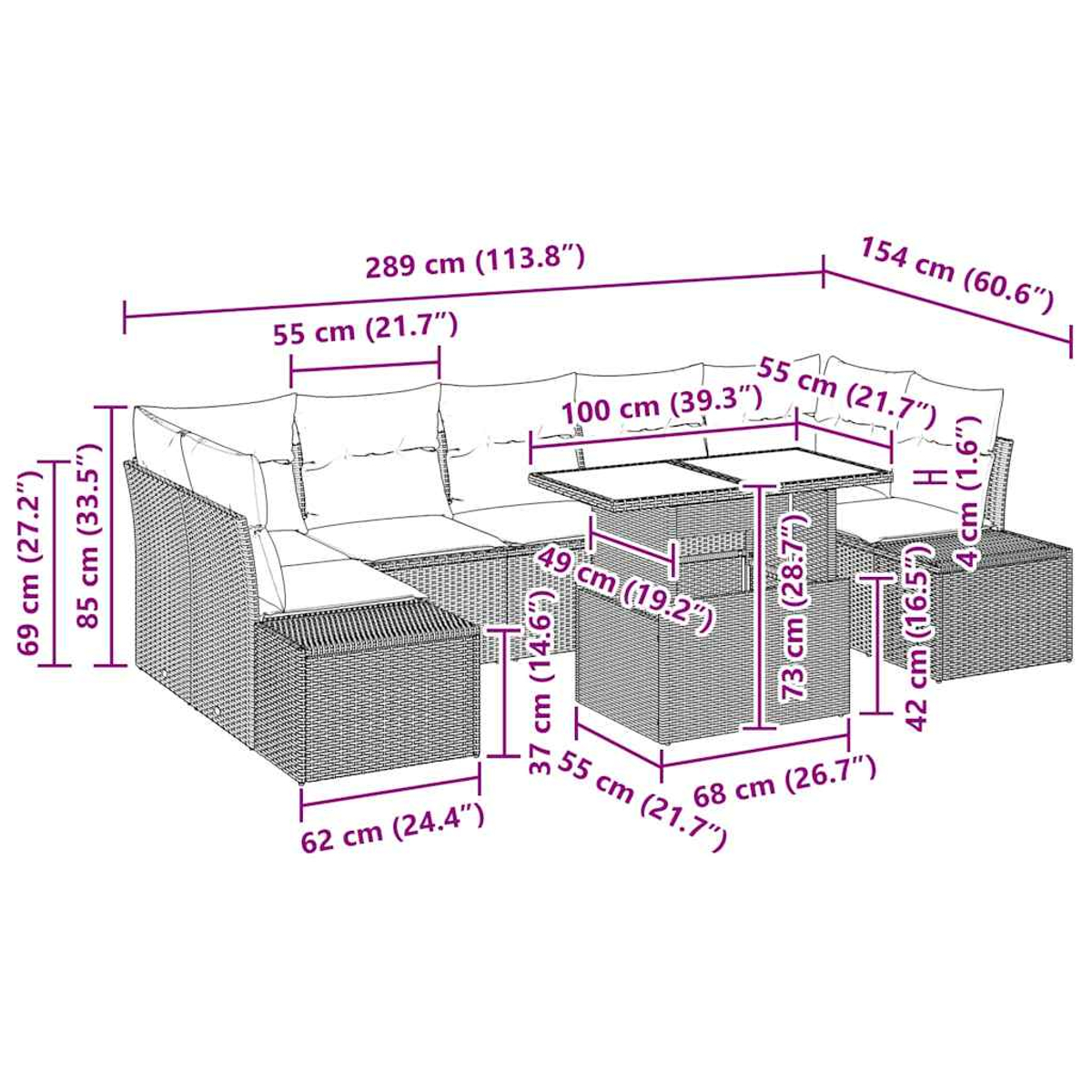 Ein Outdoor-Möbelset mit Abmessungen. Ein gewebtes Sofa, Tisch und Hocker sind mit Größenangaben dargestellt.