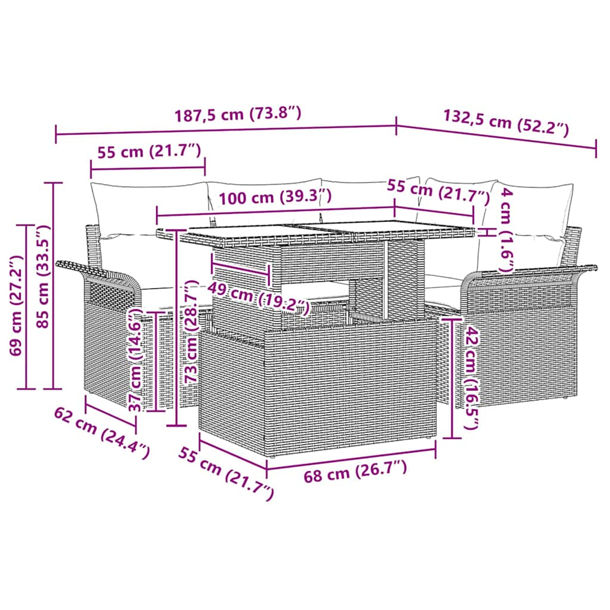 Ein Outdoor-Möbelset mit Abmessungen. Ein gewebtes Sofa, Tisch und Hocker sind mit Größenangaben dargestellt.