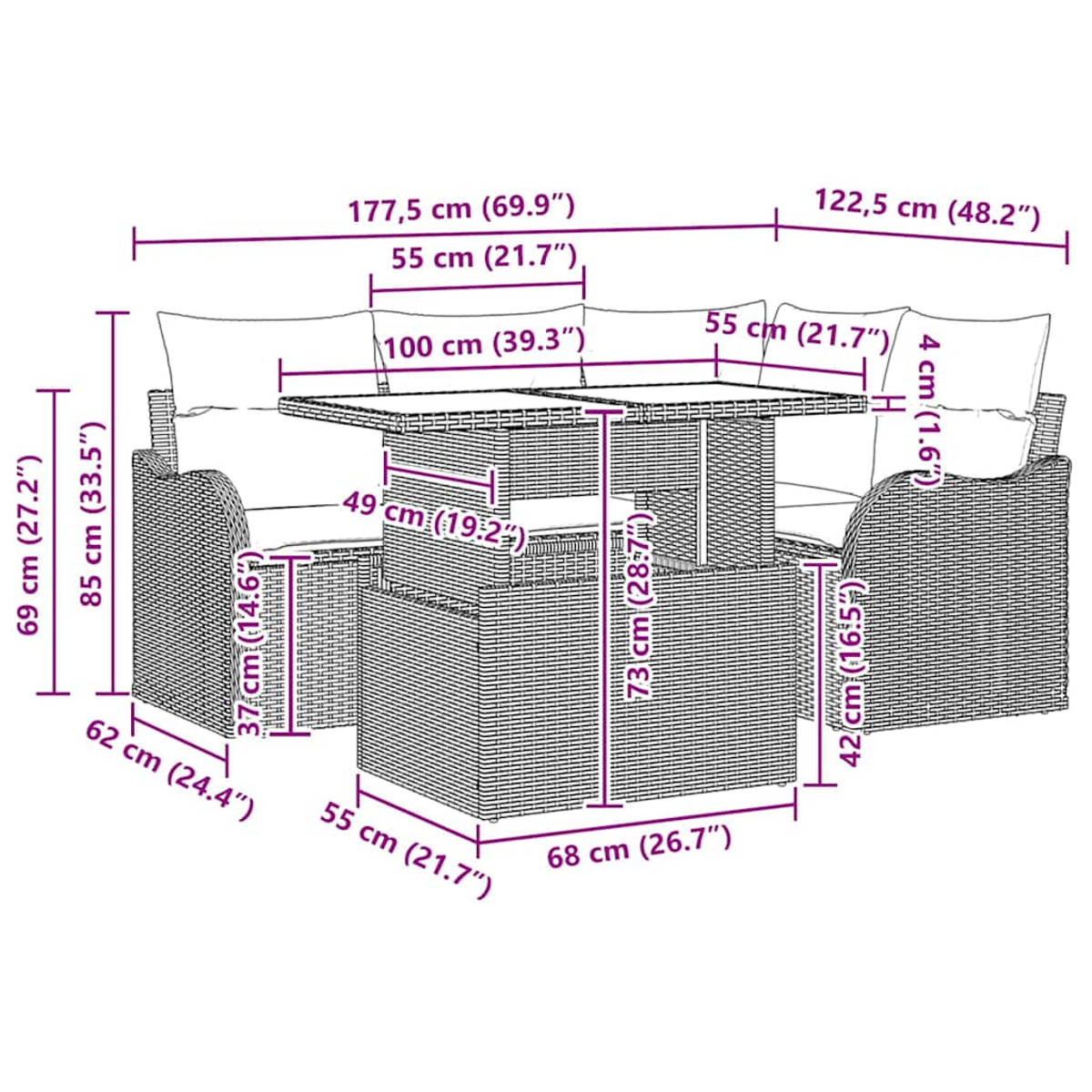 Ein Korbmöbel-Sofa-Set mit markierten Abmessungen. Enthält Tisch und weiße Kissen.