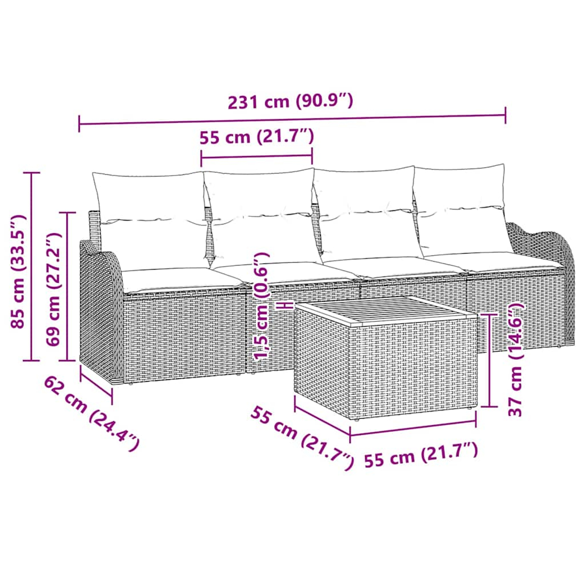 Ein Korbmöbel-Sofa mit Beistelltisch und markierten Abmessungen. Es enthält Kissen.