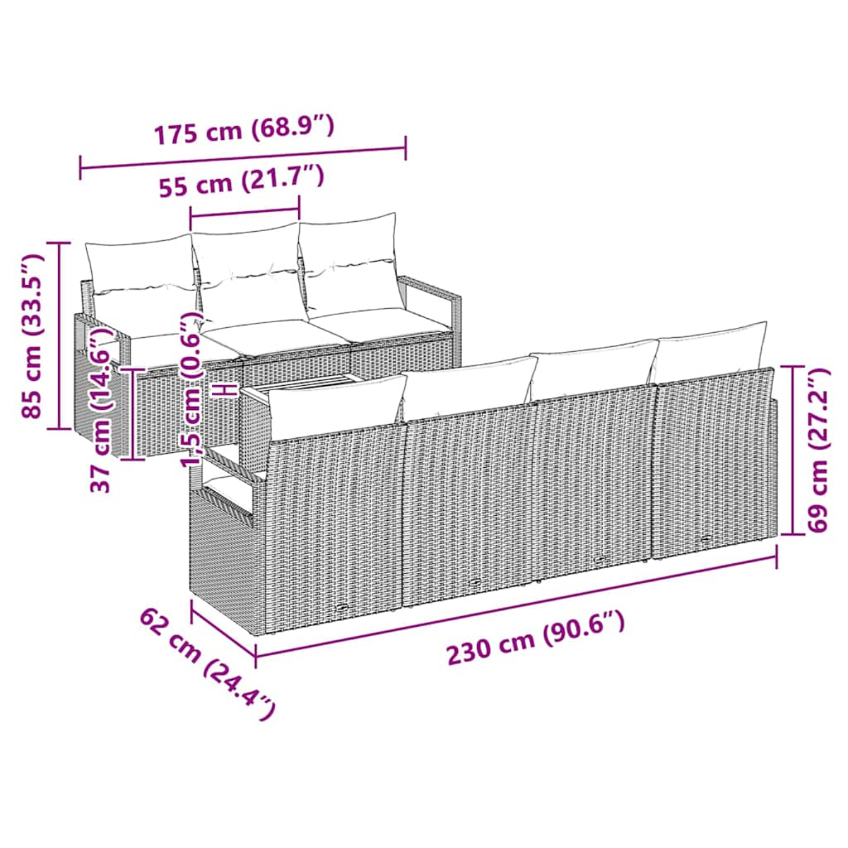Ein Korbmöbel-Sofa-Set mit markierten Abmessungen. Inklusive kleinem Tisch und Kissen.