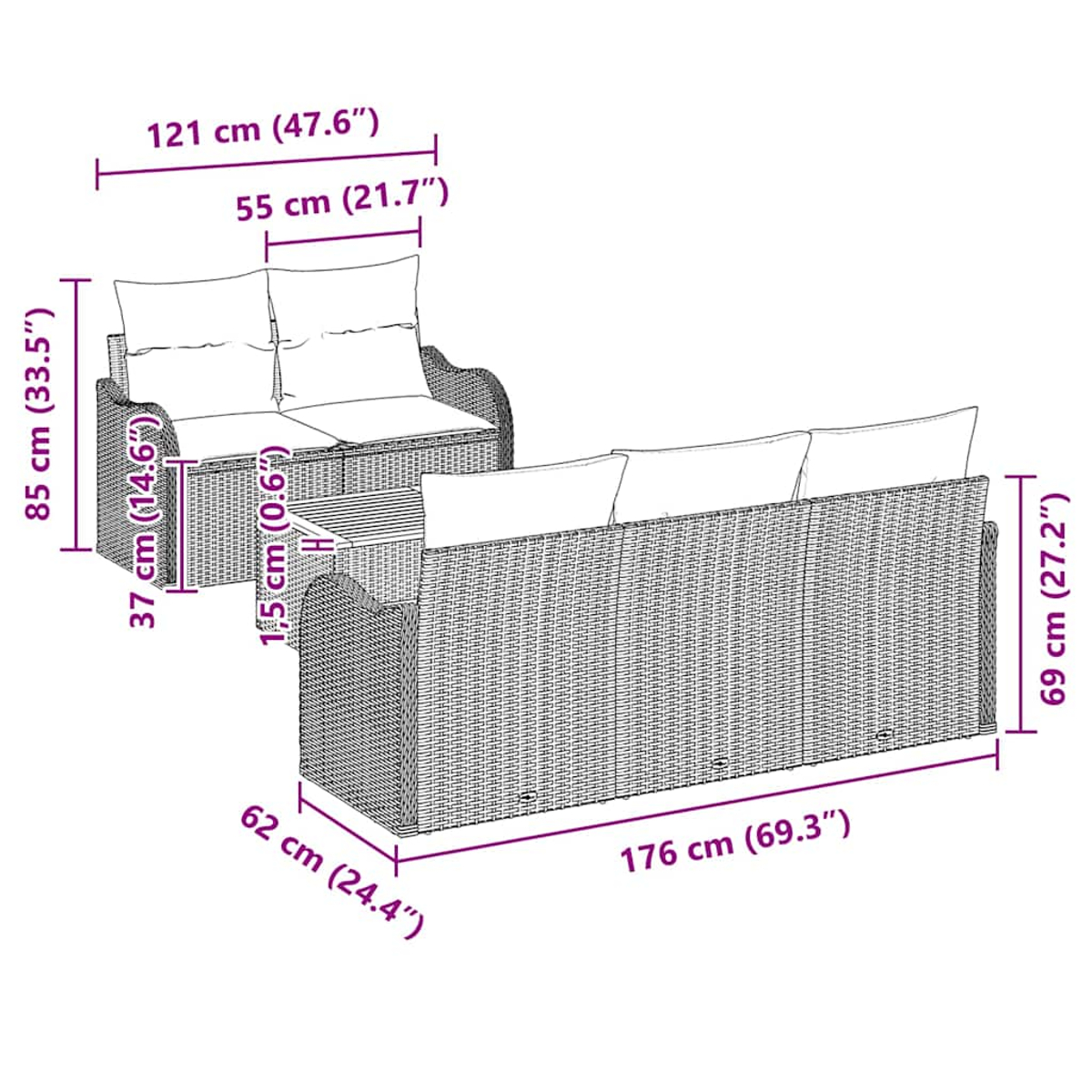 Ein Outdoor-Sofa und ein Zweisitzer aus Korbgeflecht, mit Abmessungen in cm und Zoll.