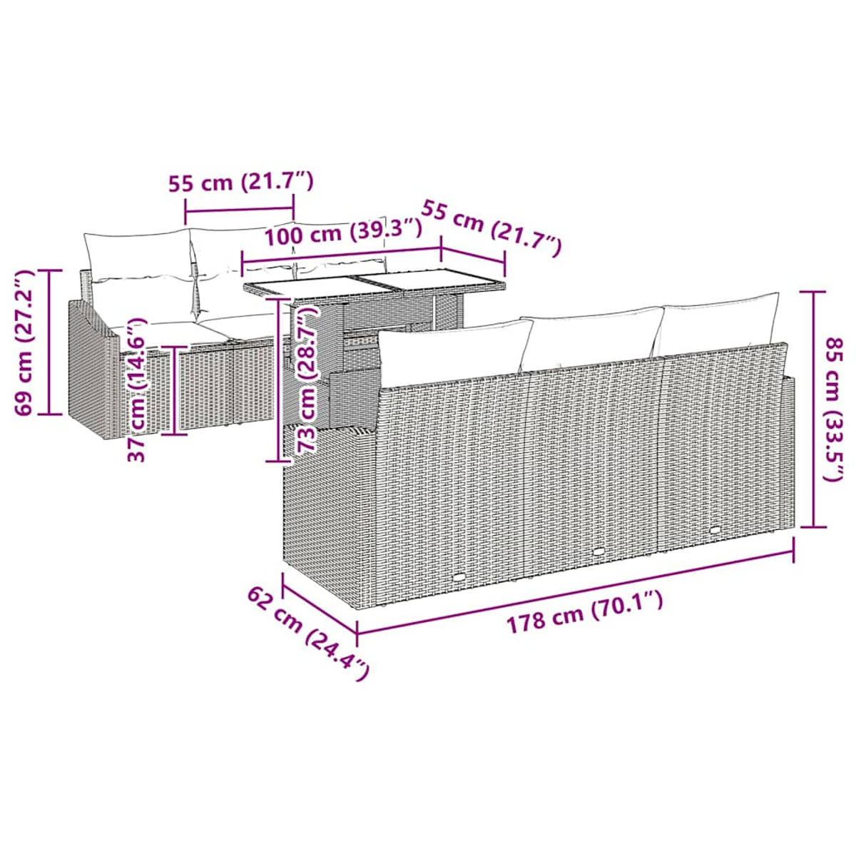 Ein Korbmöbel-Sofa-Set mit markierten Abmessungen, einschließlich kleinem Tisch und Kissen.