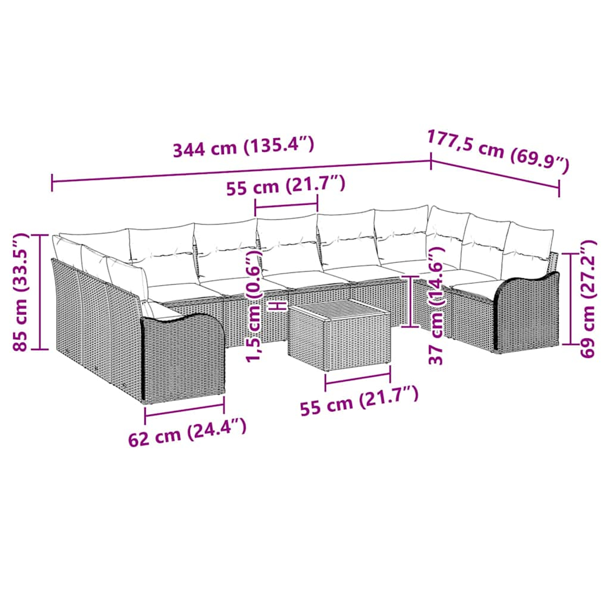 Ein großes Korbsessel-Set und ein quadratischer Tisch, mit Abmessungen in cm und Zoll.