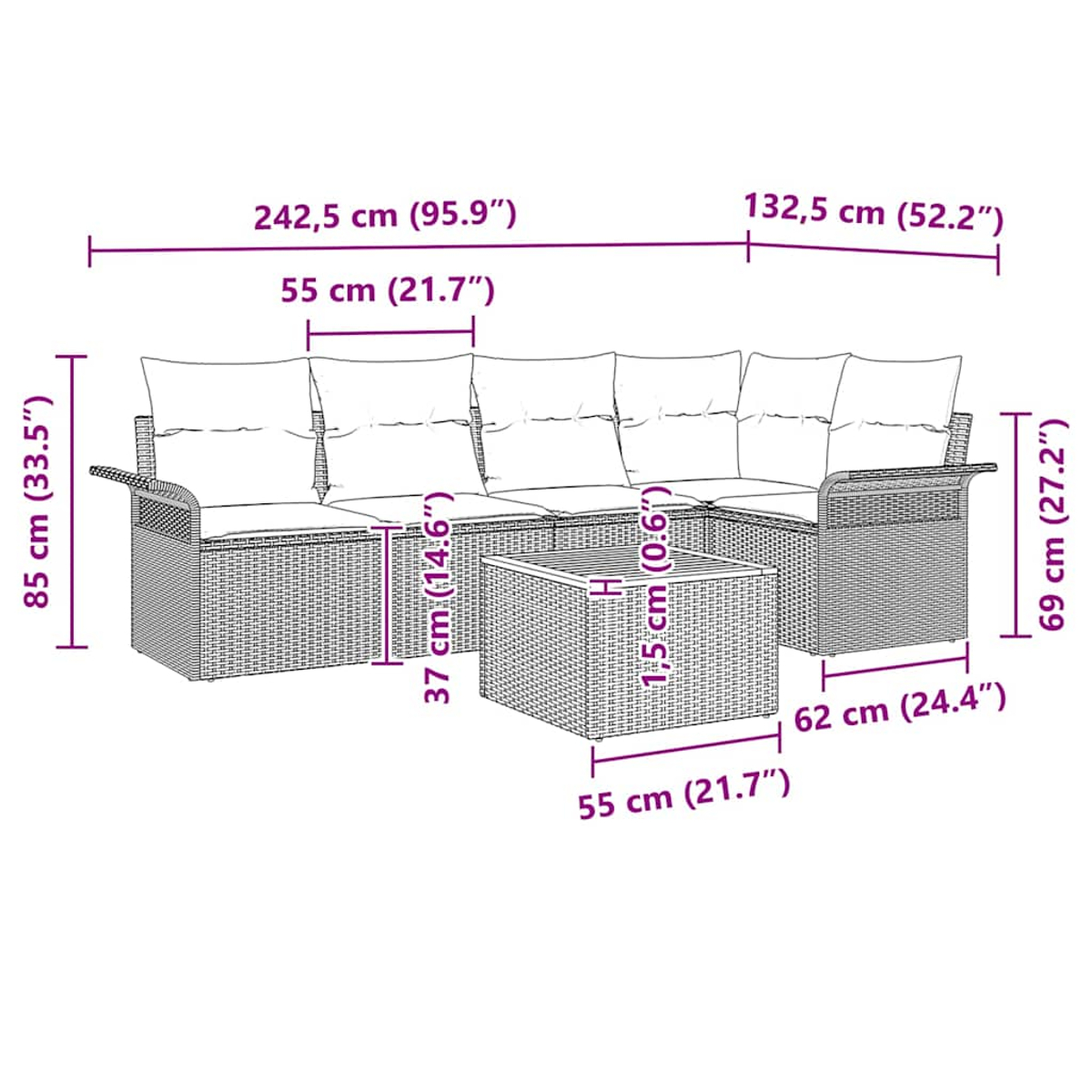 Ein Korbsessel-Set und ein quadratischer Tisch, mit Abmessungen in cm und Zoll.