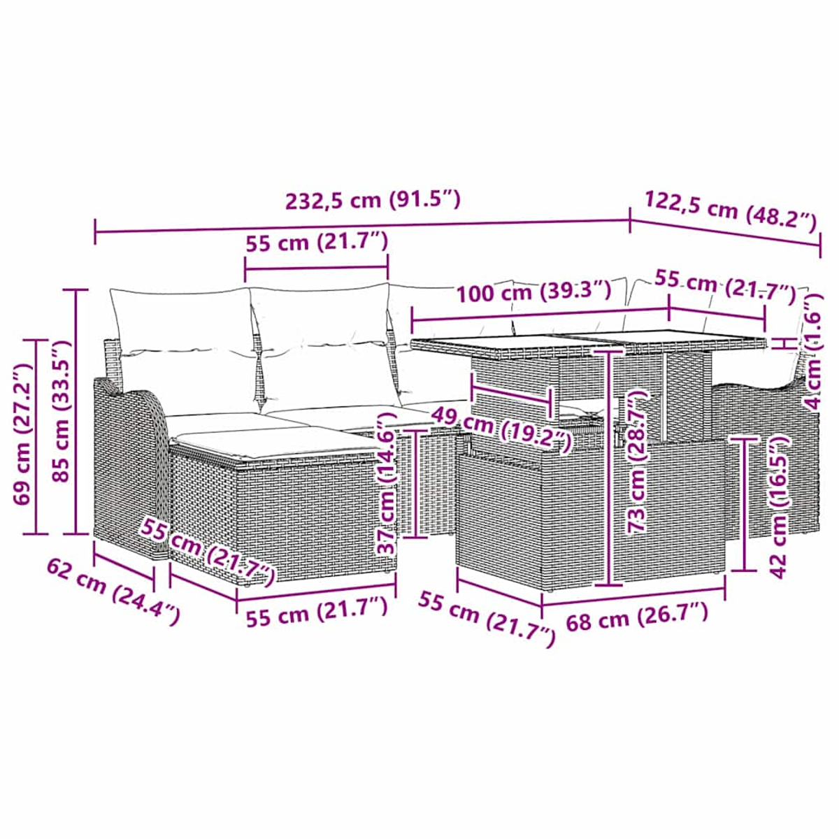 Ein Korbmöbel-Sofa und ein Zweisitzer-Sofa mit Abmessungen. Ein rechteckiger Tisch steht dazwischen mit einem kleinen Stuhl.