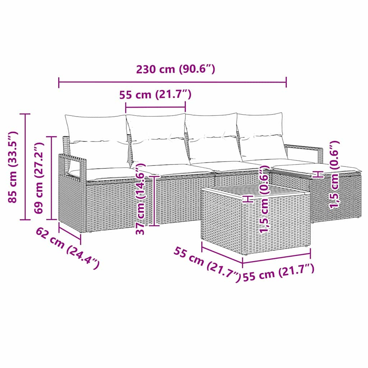 Ein Korbmöbel-Ecksofa mit kleinem Tisch und Abmessungen. Das Sofa hat Kissen und eine Eckkonfiguration.