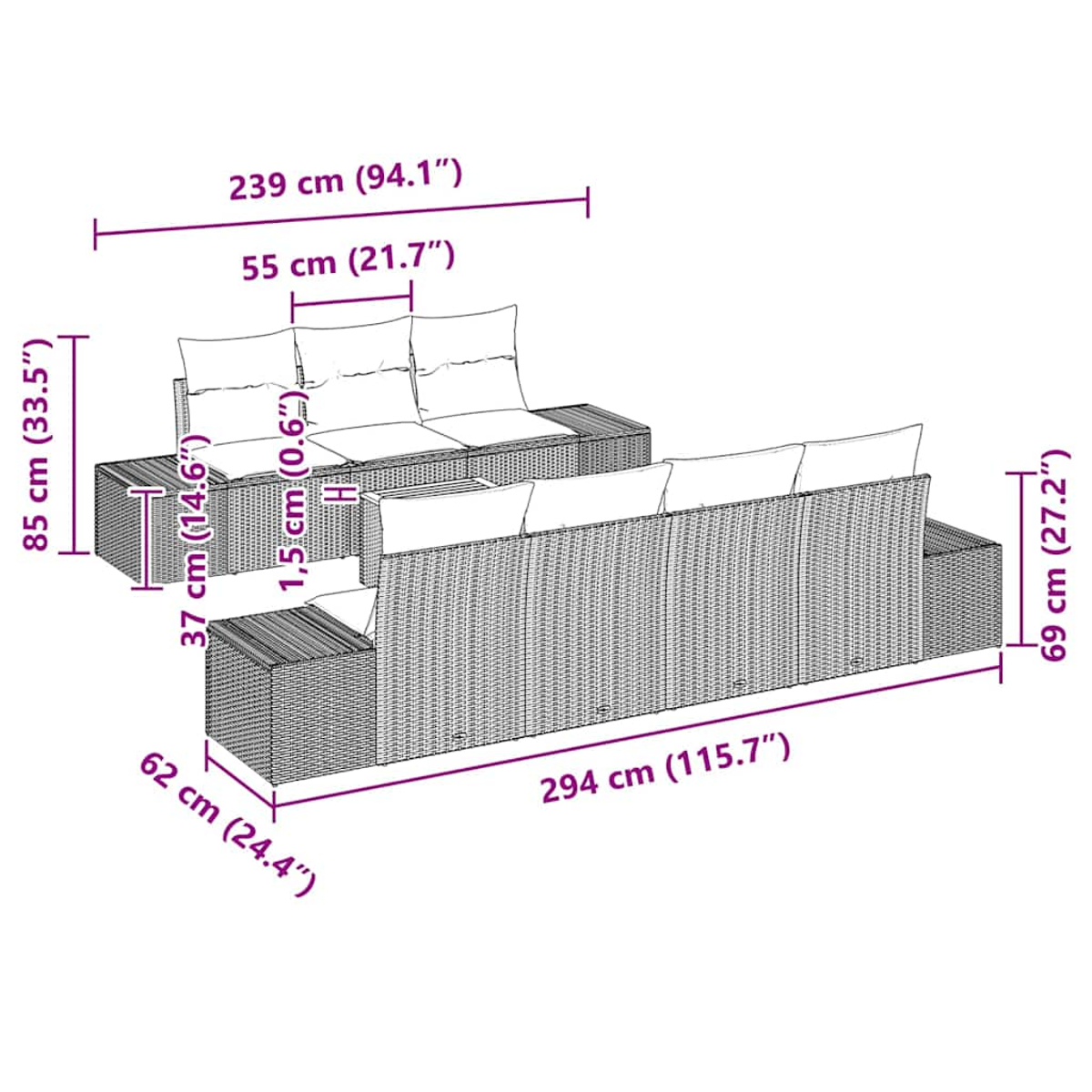 Geflochtenes Sofaset mit Maßangaben. Enthält ein Sofa, ein Ecksofa und einen kleinen Tisch mit Maßen.