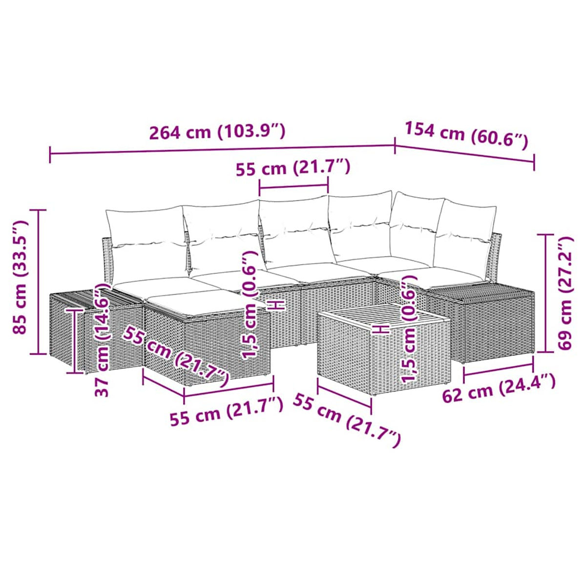 Rattan-Outdoor-Sofa-Set mit Maßangaben, zeigt Sofateile, einen Couchtisch mit Maßen.