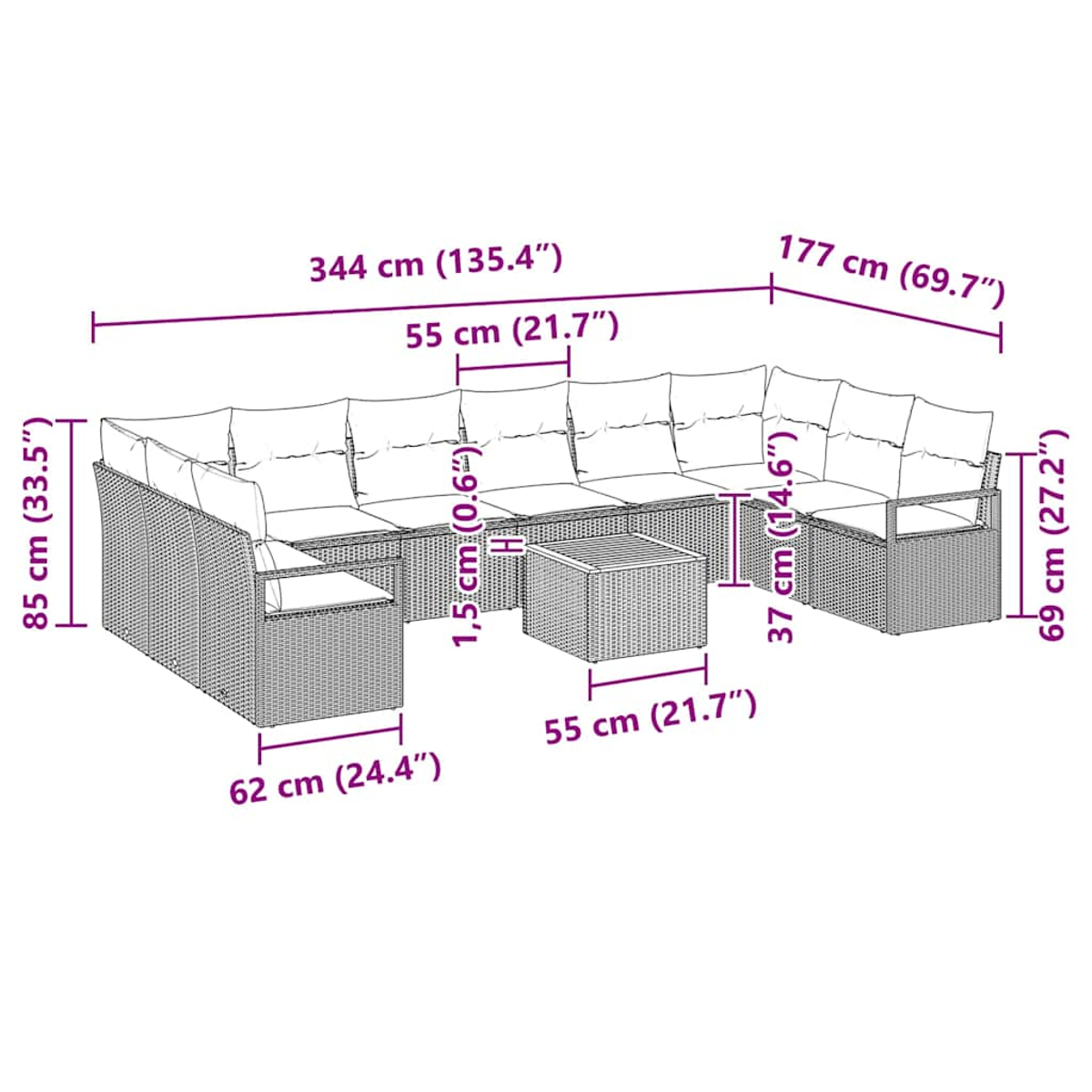 Geflochtenes Ecksofa mit Maßangaben. Es ist ein L-förmiger Abschnitt mit einem kleinen Tisch, Maße in cm und Zoll.